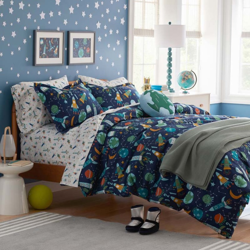 Planets and Rockets Classic Cool Organic Cotton Percale Duvet Cover Set - Navy Multi, Twin/Twin XL,Navy Multi