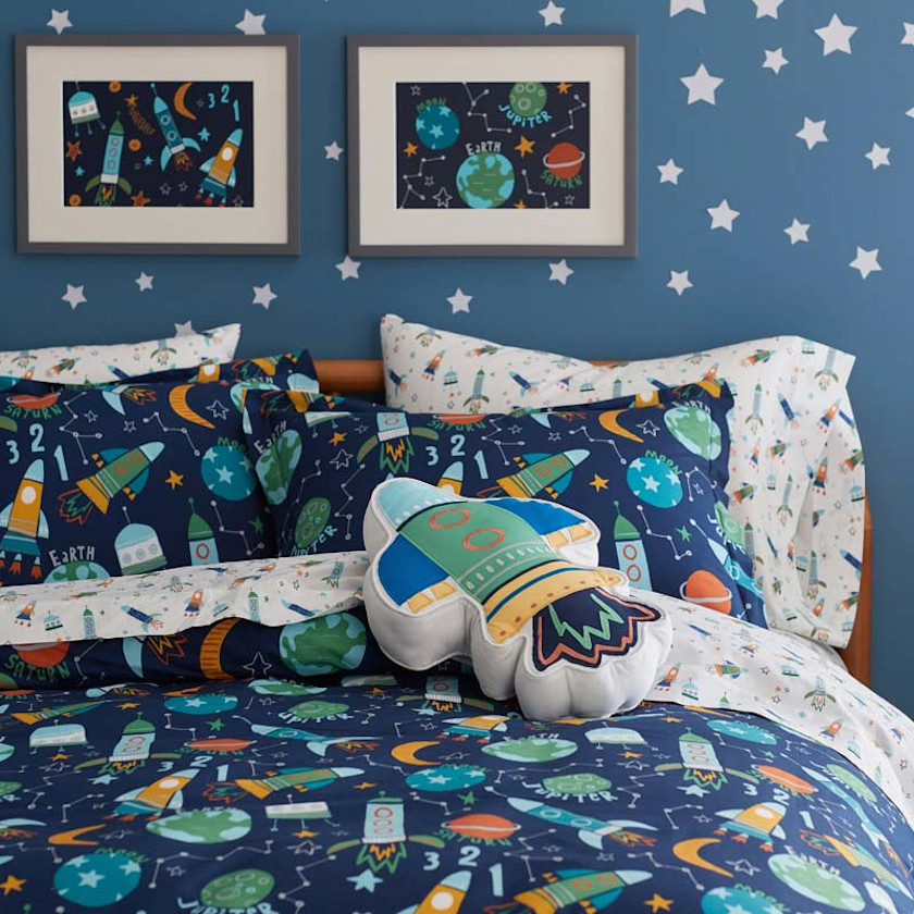 Planets and Rockets Classic Cool Organic Cotton Percale Duvet Cover Set,Navy Multi