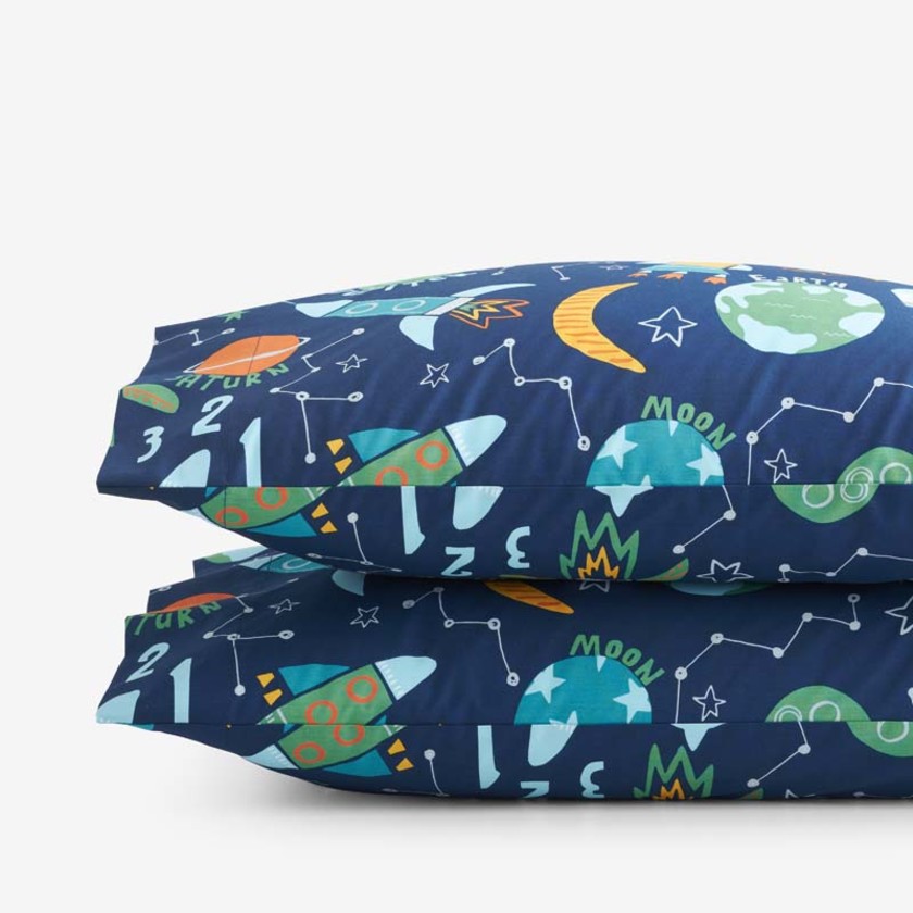 Planets and Rockets Classic Cool Organic Cotton Percale Pillowcase Set