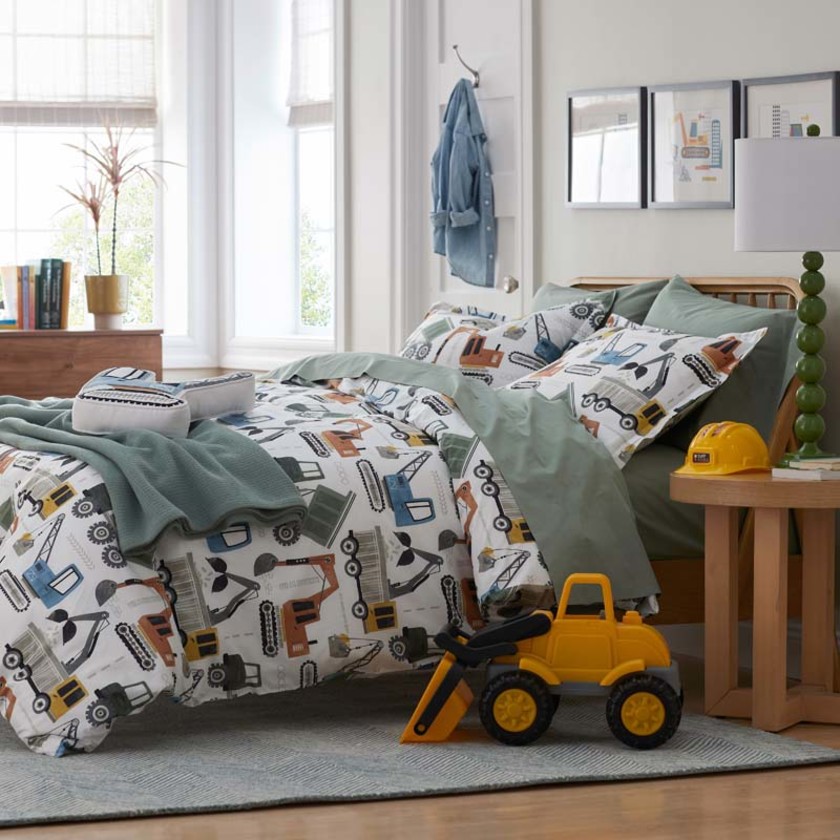 Construction Builders Classic Cool Organic Cotton Percale Duvet Cover Set - White Multi, Twin/Twin XL,White Multi