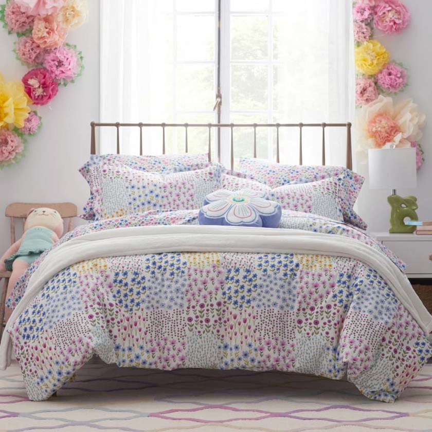 Tiny Blossoms Classic Cool Organic Cotton Percale Duvet Cover Set - White Multi, Twin/Twin XL,White Multi