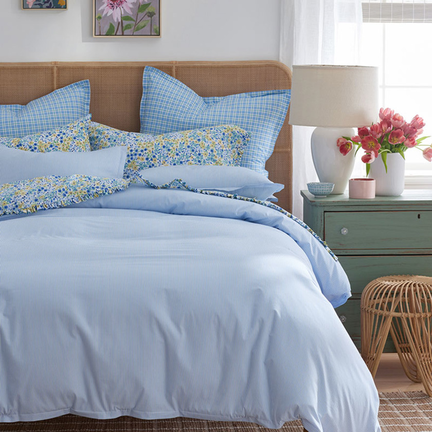 Sunshine & Blooms Classic Cool Cotton Percale Pillowcase Set - Pinstripe Blue, Standard,Pinstripe Blue