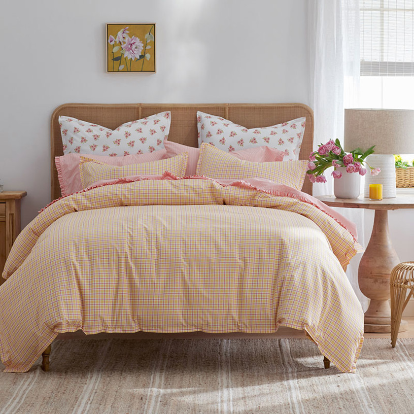 Sunshine & Blooms Classic Cool Cotton Percale Bed Sheet Set - Plaid Coral Orange, Twin,Plaid Coral Orange