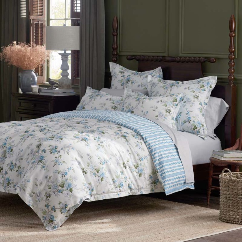 Manor Floral Premium Smooth Sateen Bed Sheet Set - Blue, Twin,Blue