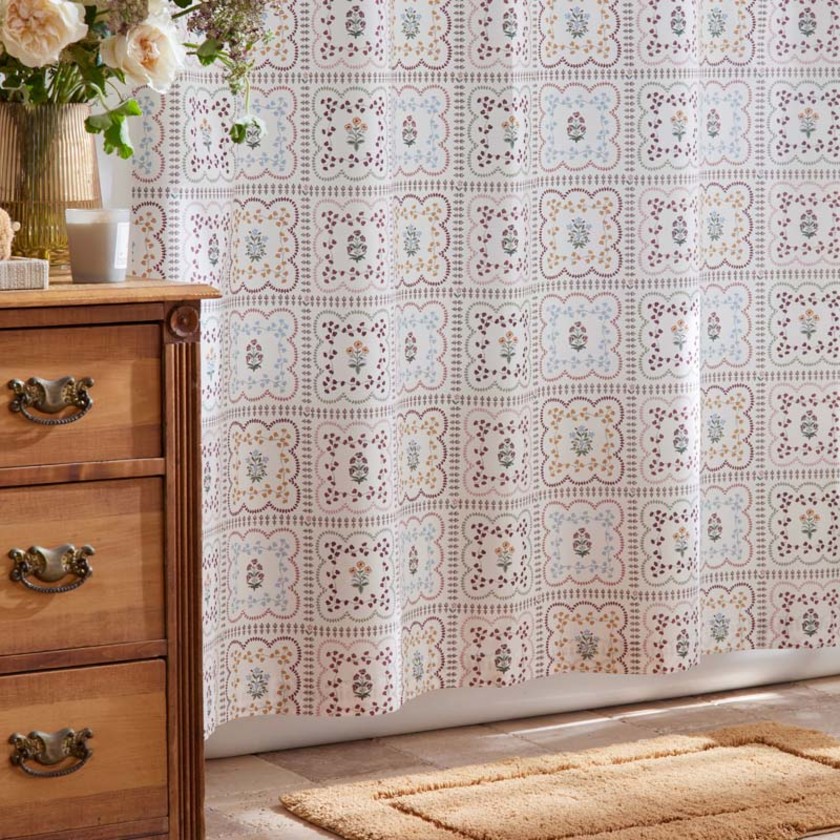 Lottie Classic Cool Cotton Percale Shower Curtain - Ivory Multi,Ivory Multi