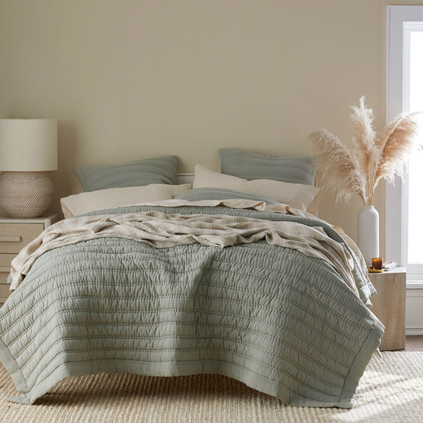 Premium Breathable Washed Linen Solid Quilt - Moss, Twin/Twin XL,Moss