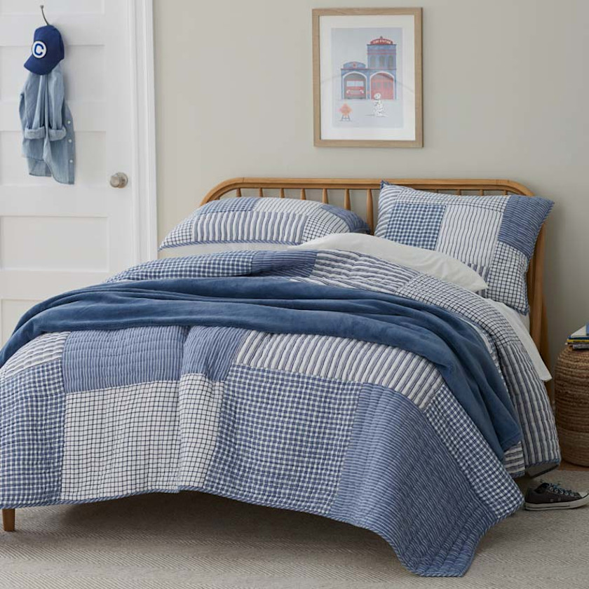 Stripe Block Yarn-Dyed Patchwork Quilt,Blue
