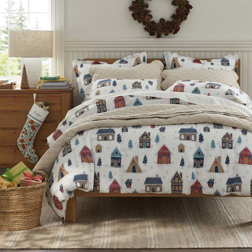 Holiday Print Classic Cool Cotton Percale Duvet Cover - Gingerbread Houses, Twin/Twin XL,Gingerbread Houses