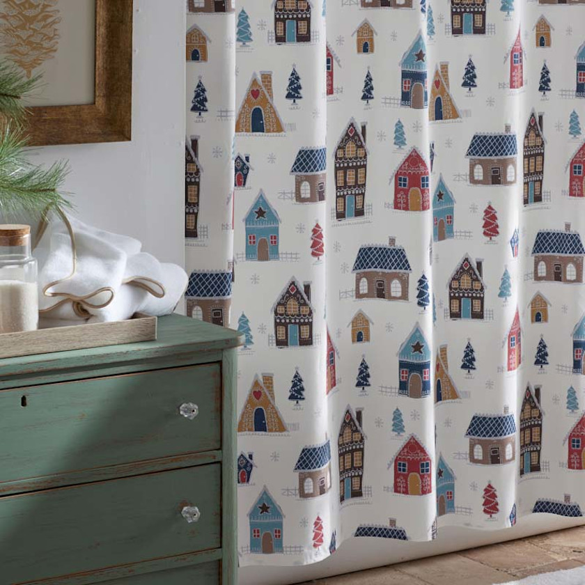Holiday Print Classic Cool Cotton Percale Shower Curtain,Gingerbread Houses