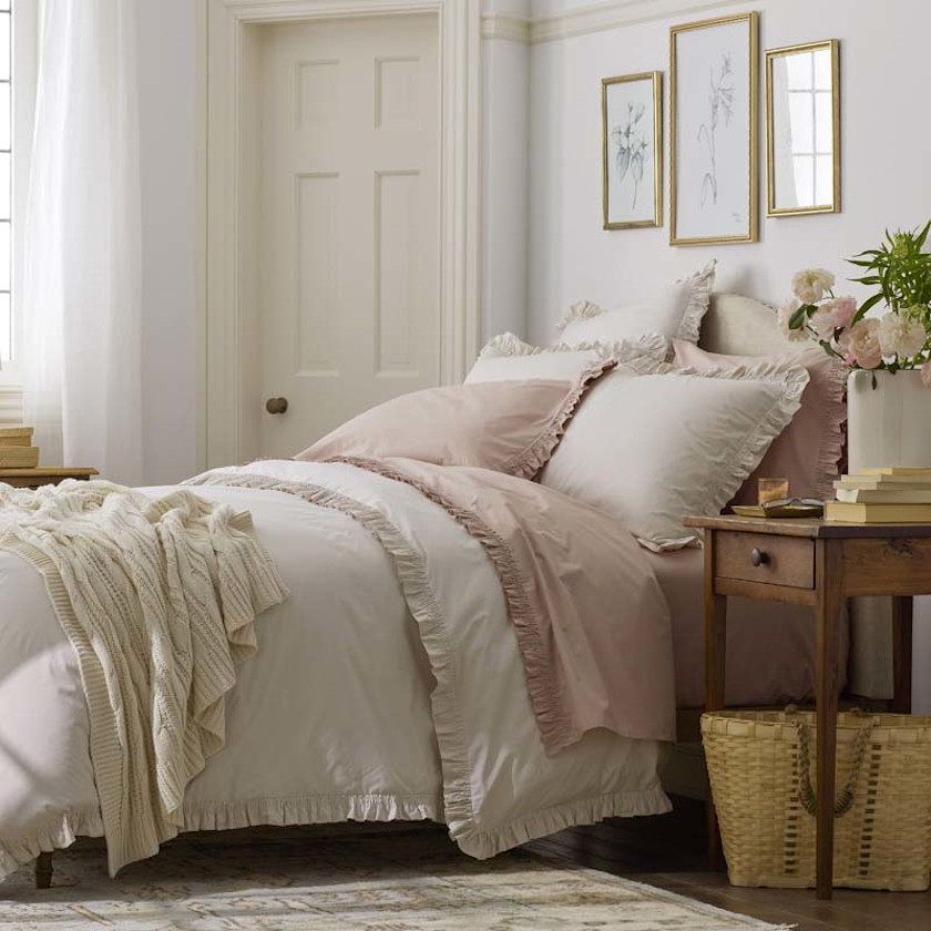 Solid Ruffle Garment Washed Cotton Percale Duvet Cover - Buff, Twin/Twin XL,Buff