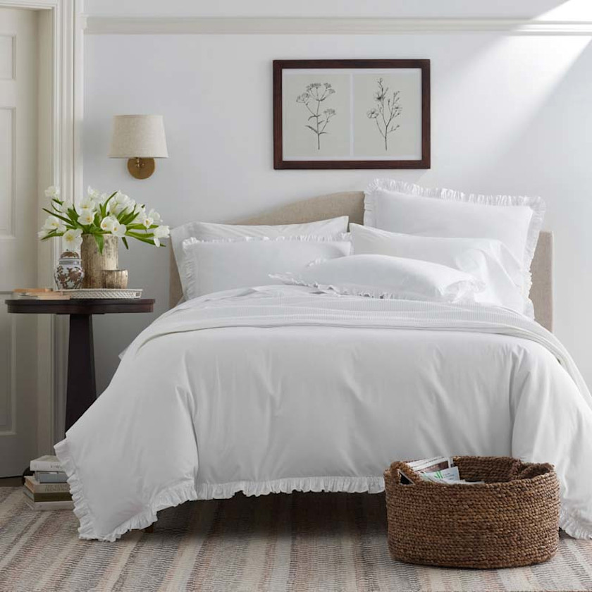 Solid Ruffle Garment Washed Cotton Percale Bed Sheet Set - White, Twin XL,White