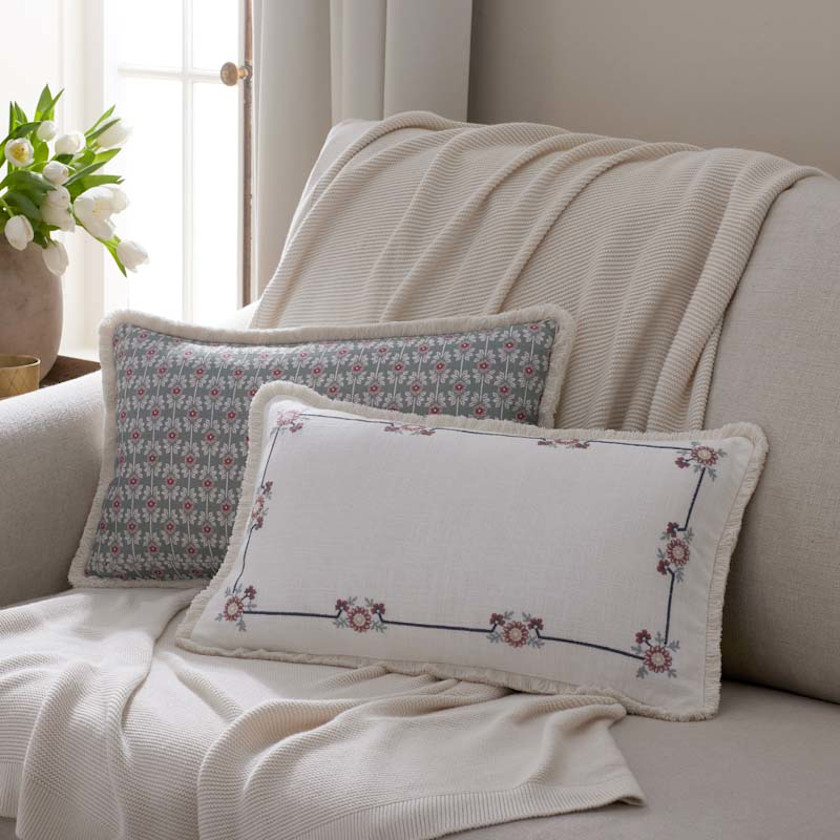 Floral Border Reversible Decorative Lumbar Pillow Cover - Ivory Multi, 12 in. x 21 in.,Ivory Multi