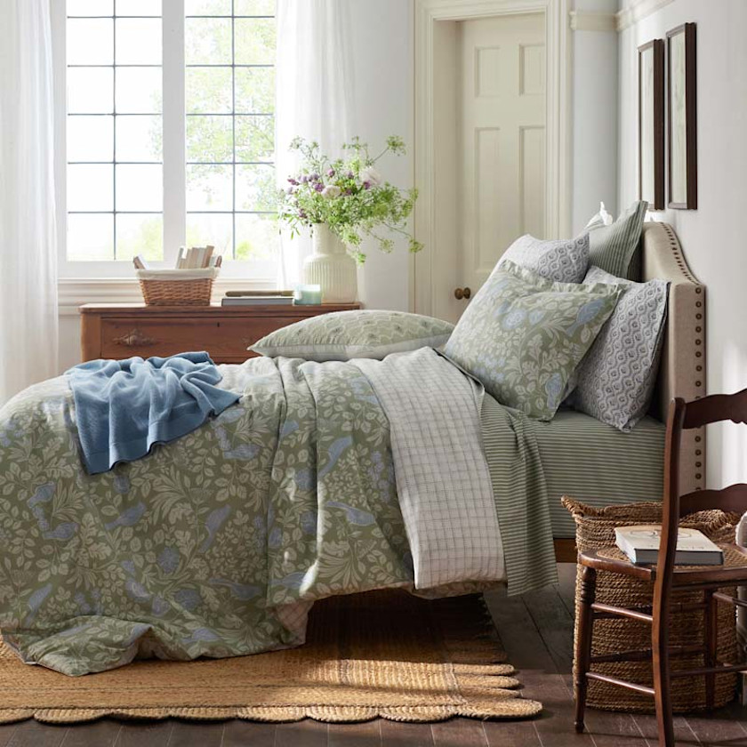 Tira Floral Classic Cool Cotton Percale Bed Sheet Set,Bird Green