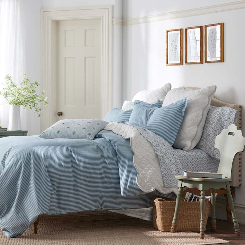 Tira Floral Classic Cool Cotton Percale Bed Sheet Set,Stripe Blue