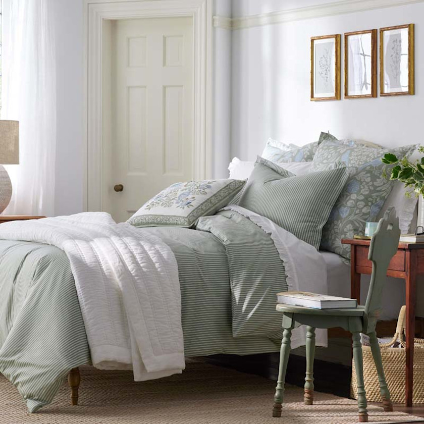 Tira Floral Classic Cool Cotton Percale Bed Sheet Set,Stripe Green