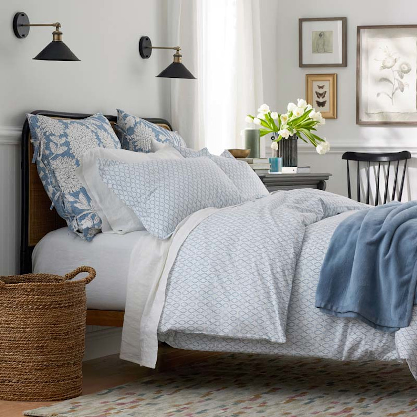 Feliciana Geo Garment Washed Cotton Percale Bed Sheet Set,Blue Multi