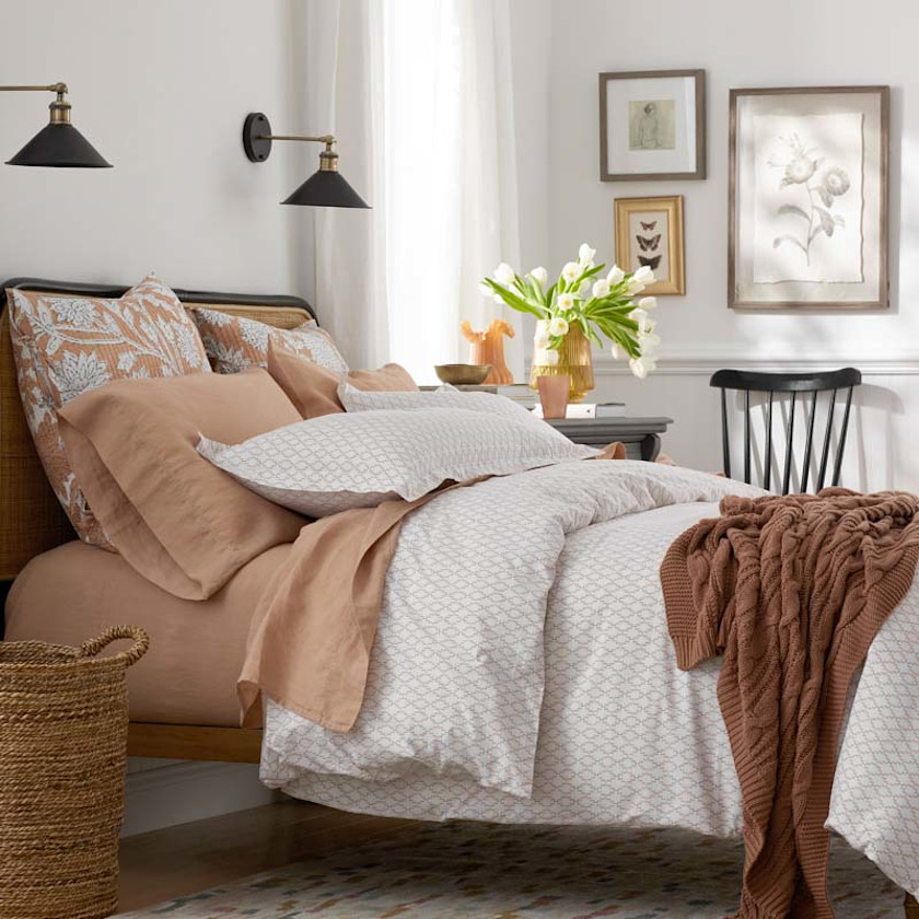 Feliciana Geo Garment Washed Cotton Percale Bed Sheet Set,Clay