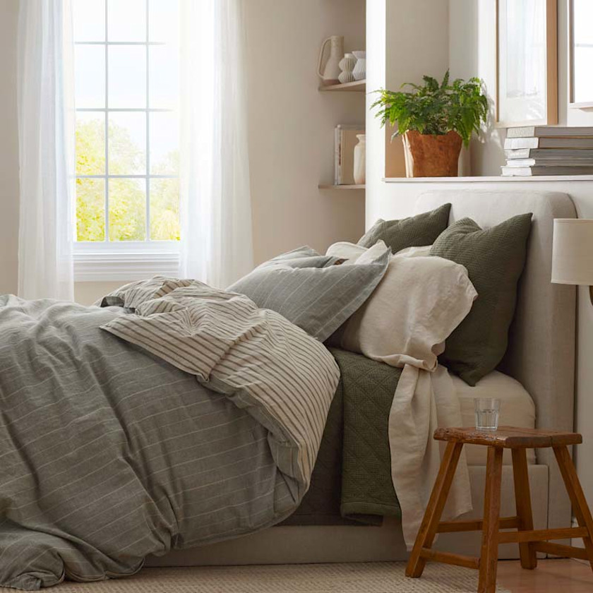 Tailored Stripes Premium Breathable Washed Linen Cotton Reversible Duvet Cover,Wide Stripe Dark Olive