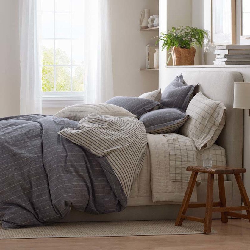 Tailored Stripes Premium Breathable Washed Linen Cotton Reversible Sham - Wide Stripe Deep Navy, Standard,Wide Stripe Deep Navy