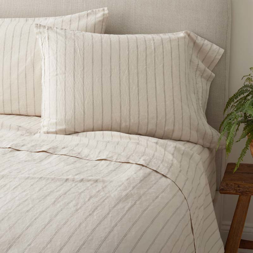 Tailored Stripes and Plaids Premium Breathable Washed Linen Cotton Fitted Bed Sheet,Stripe Dark Brown