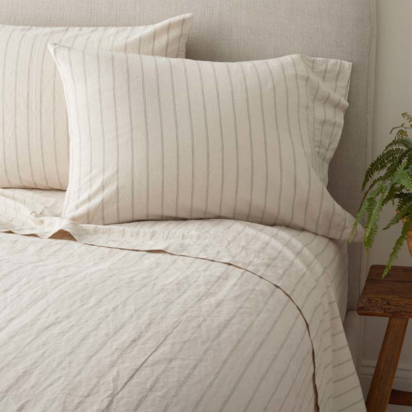 Tailored Stripes and Plaids Premium Breathable Washed Linen Cotton Flat Bed Sheet,Stripe Dark Olive