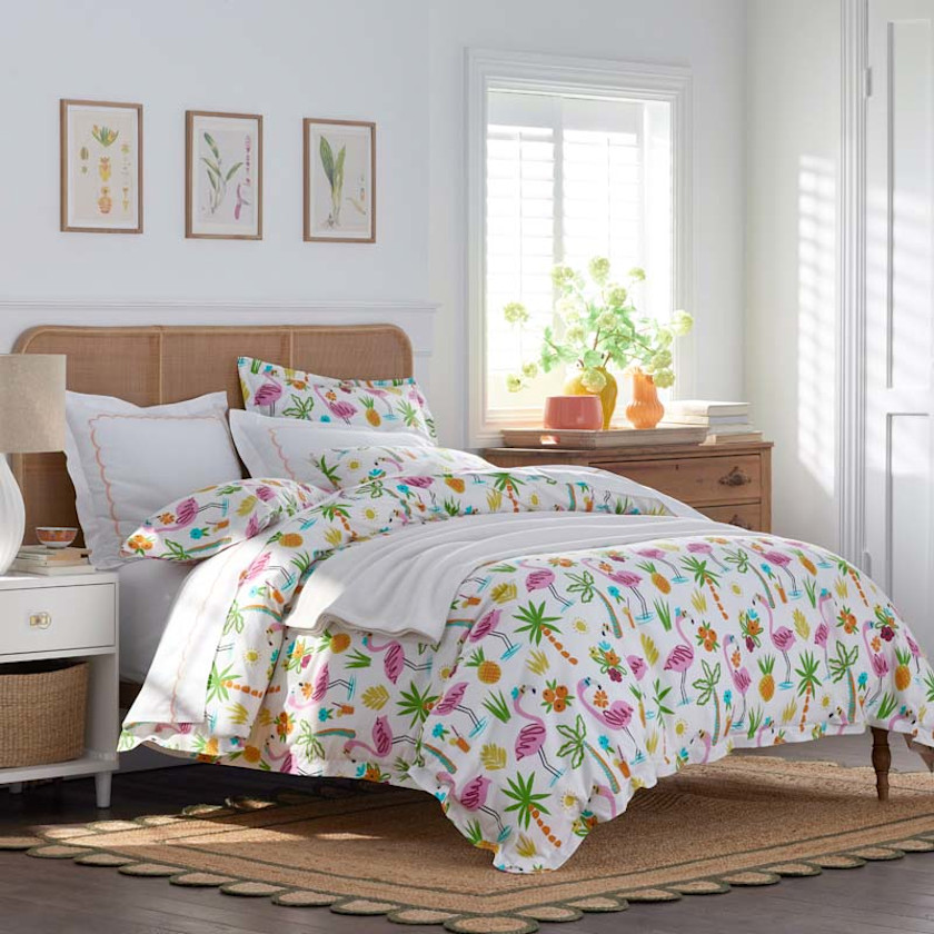 Summer Prints Classic Cool Cotton Percale Duvet Cover,Flamingo and Palms