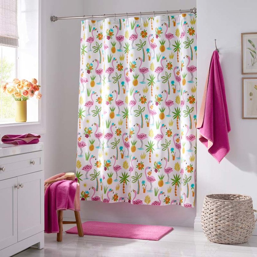 Summer Prints Classic Cool Cotton Percale Shower Curtain,Flamingo and Palms