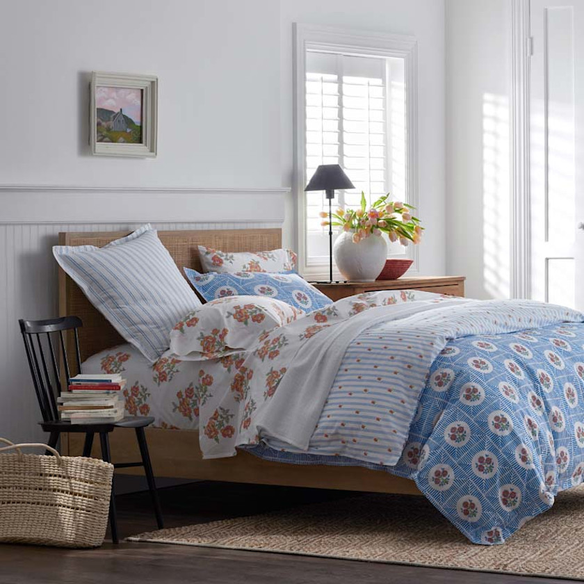 Blossoms and Stripes Classic Cool Cotton Percale Duvet Cover,Blossom Veil