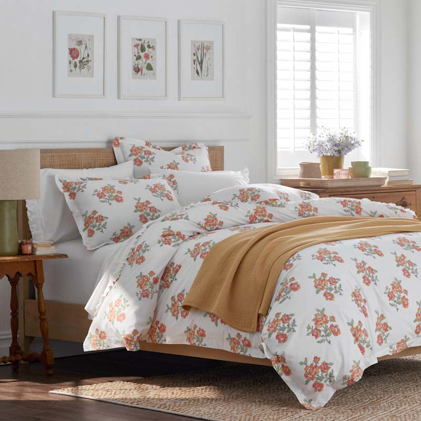 Blossoms and Stripes Classic Cool Cotton Percale Duvet Cover,Petal Charm