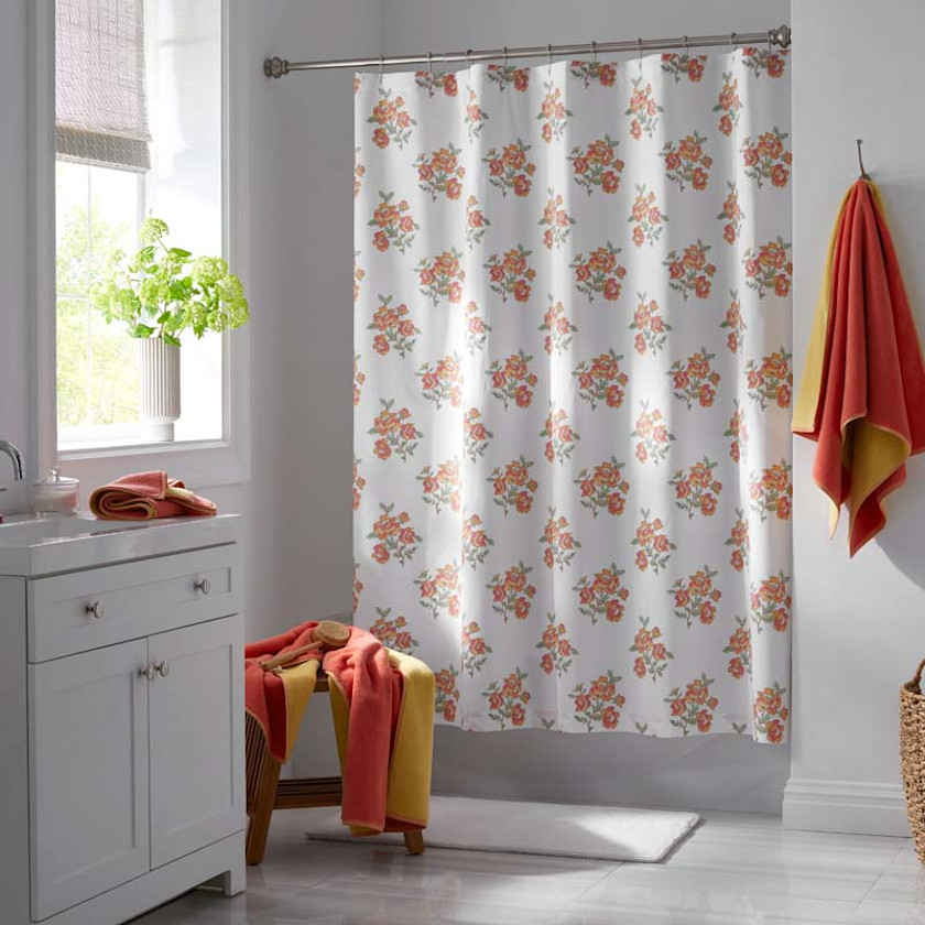 Blossoms and Stripes Classic Cool Cotton Percale Shower Curtain,Petal Charm