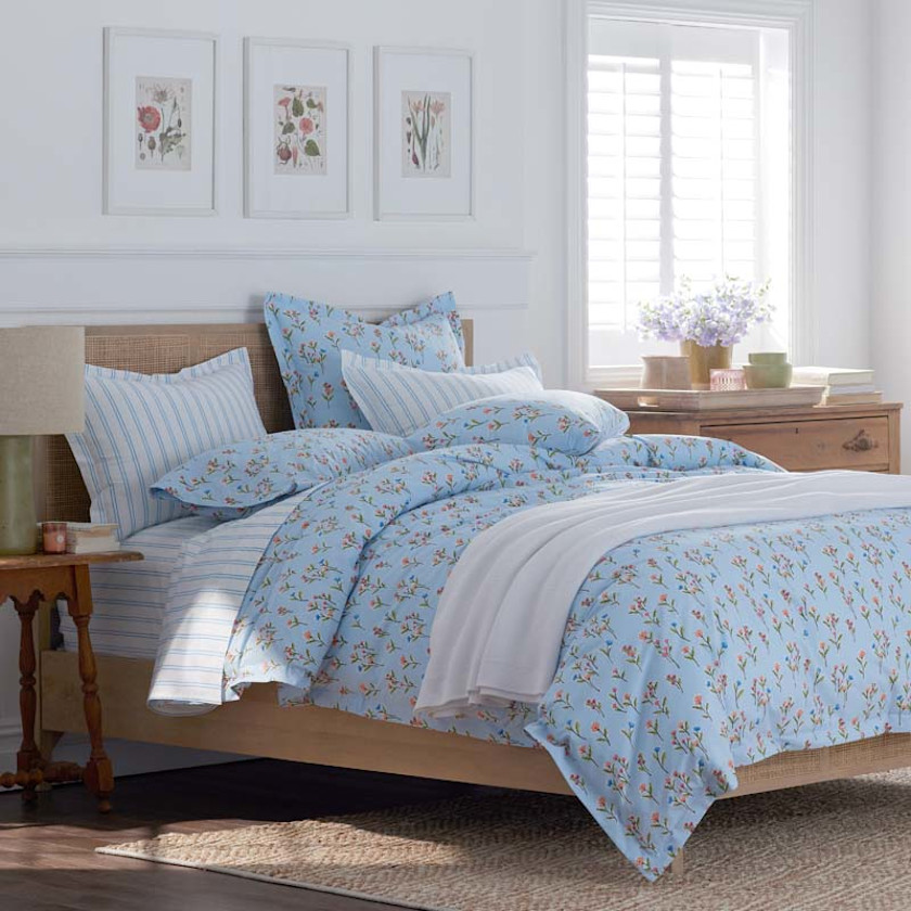 Blossoms and Stripes Classic Cool Cotton Percale Bed Sheet Set - Garden Poppies, Twin,Garden Poppies