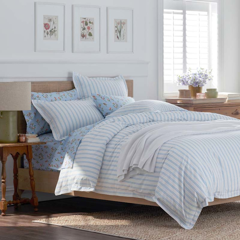 Blossoms and Stripes Classic Cool Cotton Percale Sham,Squiggle Stripe