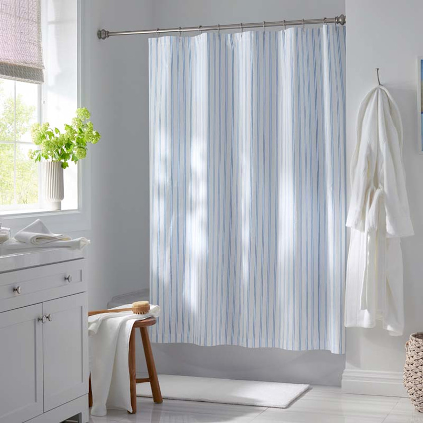 Blossoms and Stripes Classic Cool Cotton Percale Shower Curtain,Squiggle Stripe