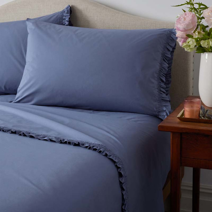 Solid Ruffle Garment Washed Cotton Percale Bed Sheet Set,Denim Blue