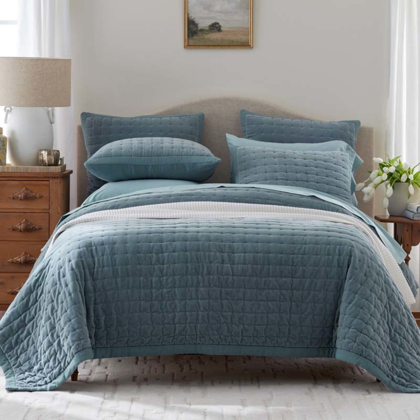 Tufted Stitch Velvet Quilted Sham - Mineral Blue, Standard,Mineral Blue
