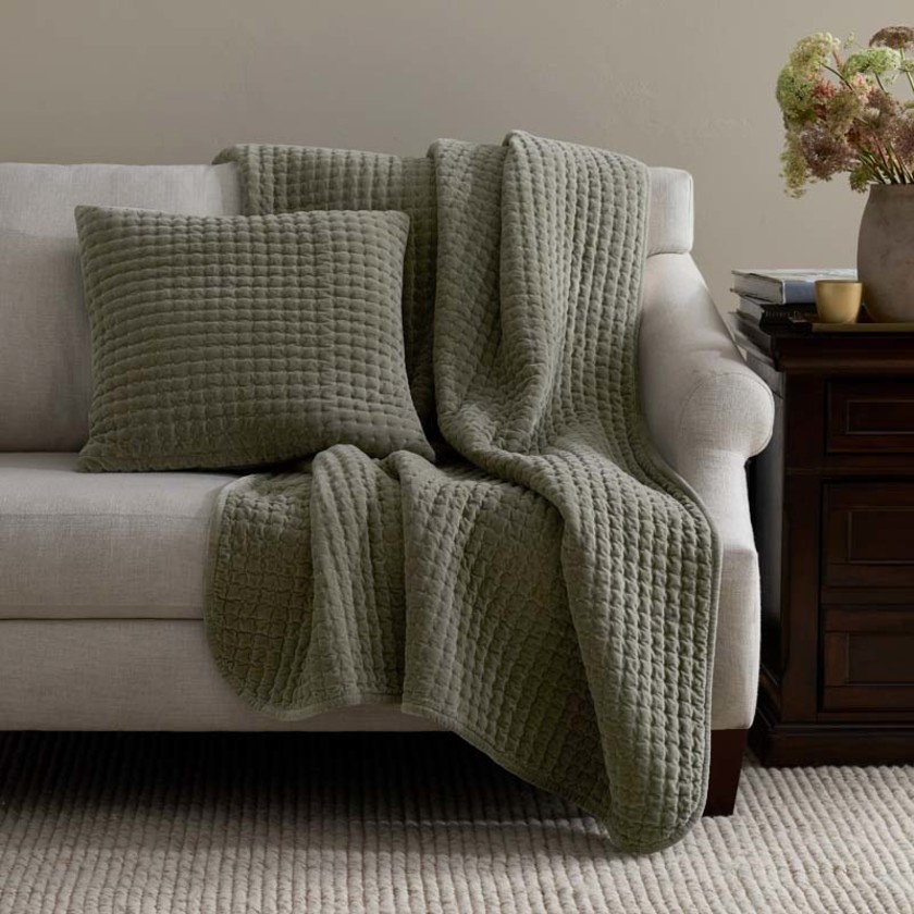 Tufted Stitch Velvet Throw - Olive Green,Olive Green