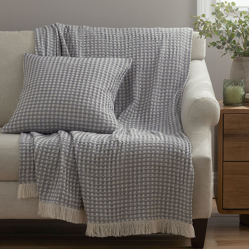 Checkered Fringe Decorative Square Pillow Cover - Blue, 20 in. x 20 in.,Blue