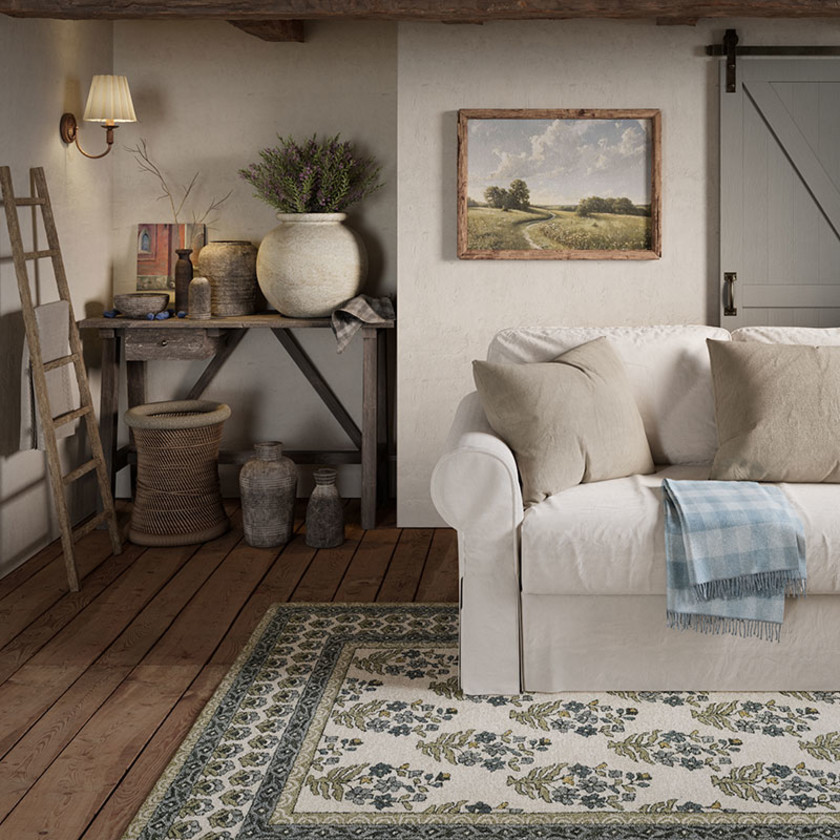 Floral Border Hand Tufted Wool Rug -  Green, 4' x 6',Green