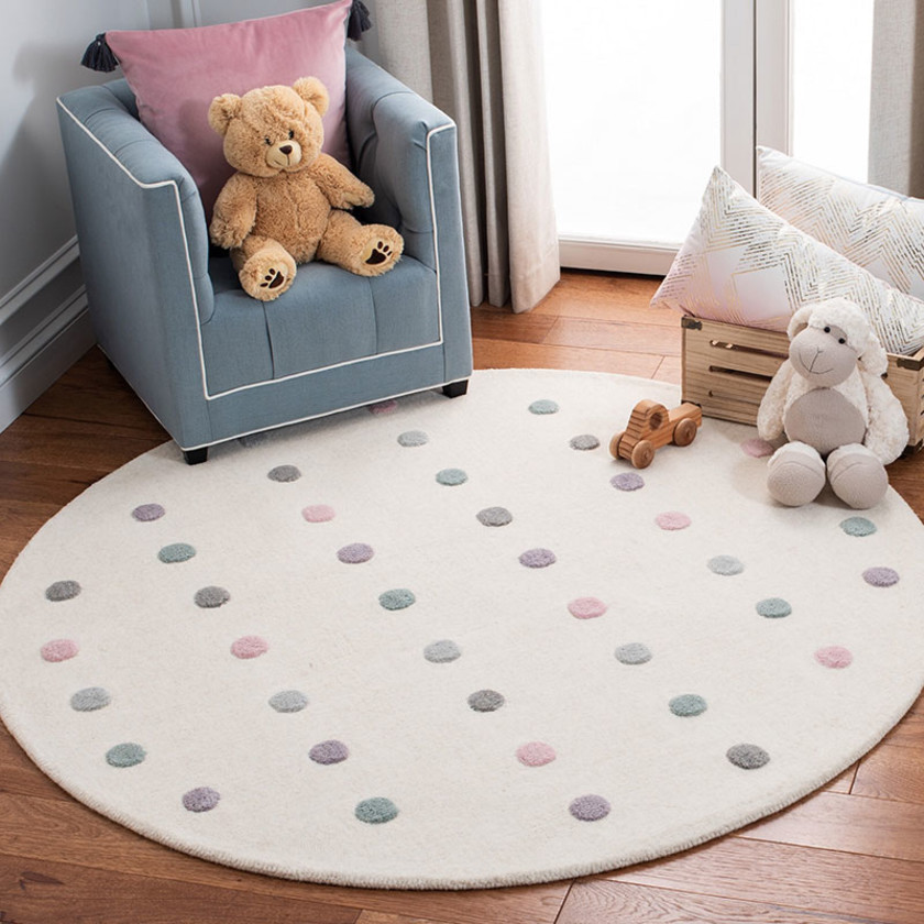 Dotted Stripe Hand Tufted Wool Rug - Ivory, 5' x 5' Round,Ivory