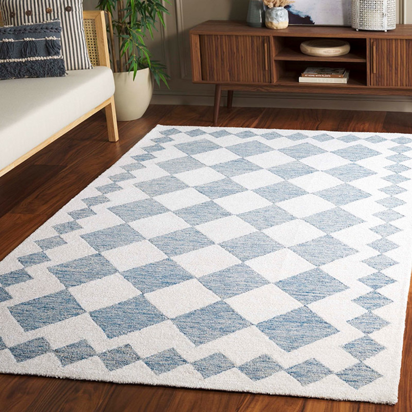 Checkerboard Hand Tufted Wool Rug - Blue, 3' x 5',Blue