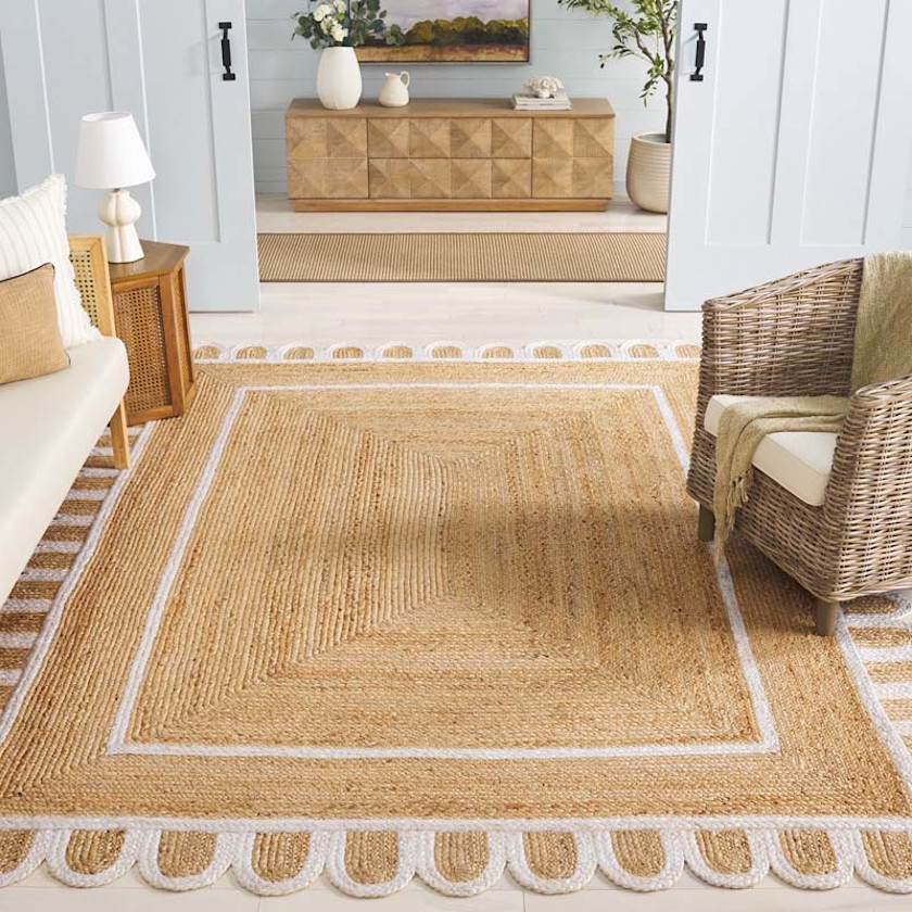 Scallop Border Handwoven Jute Rug,Ivory