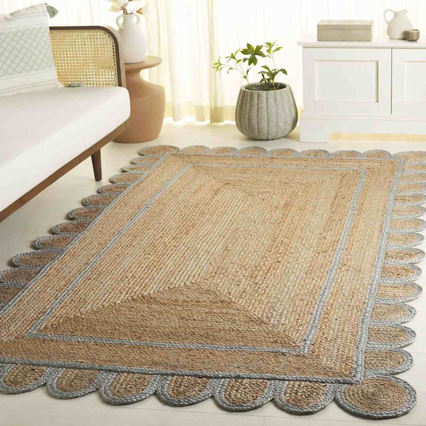 Scallop Border Handwoven Jute Rug,Light Blue