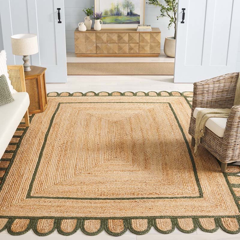 Scallop Border Handwoven Jute Rug,Olive