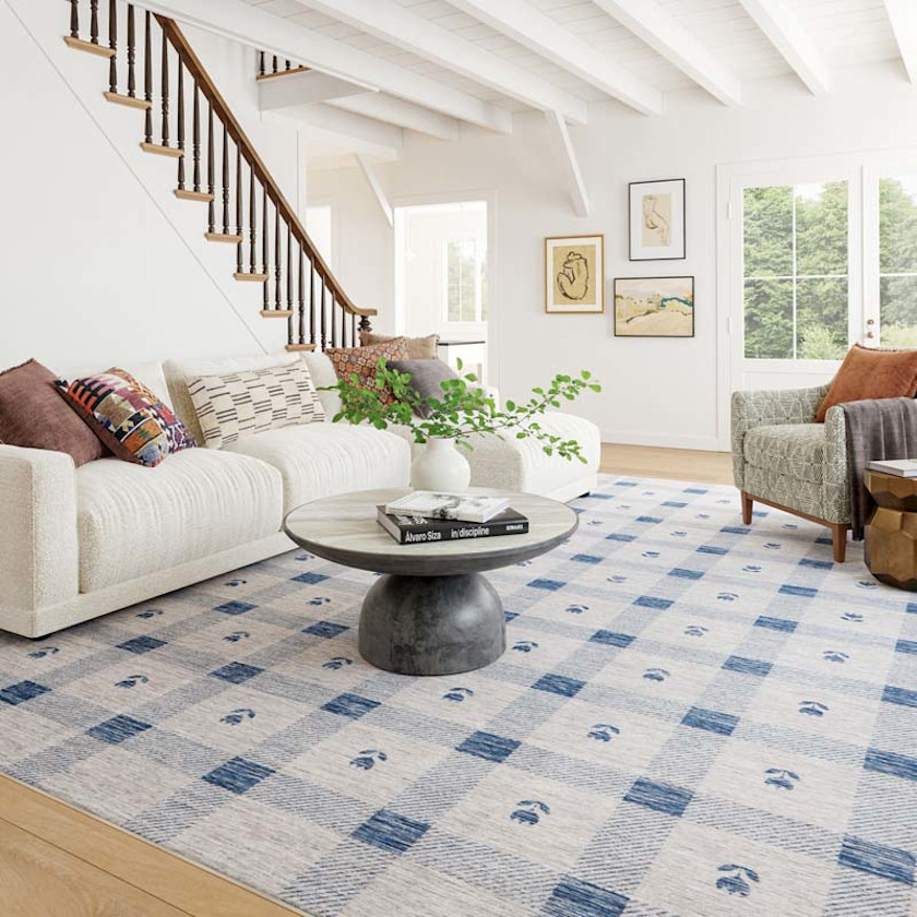 Modern Plaid Washable Rug,Blue