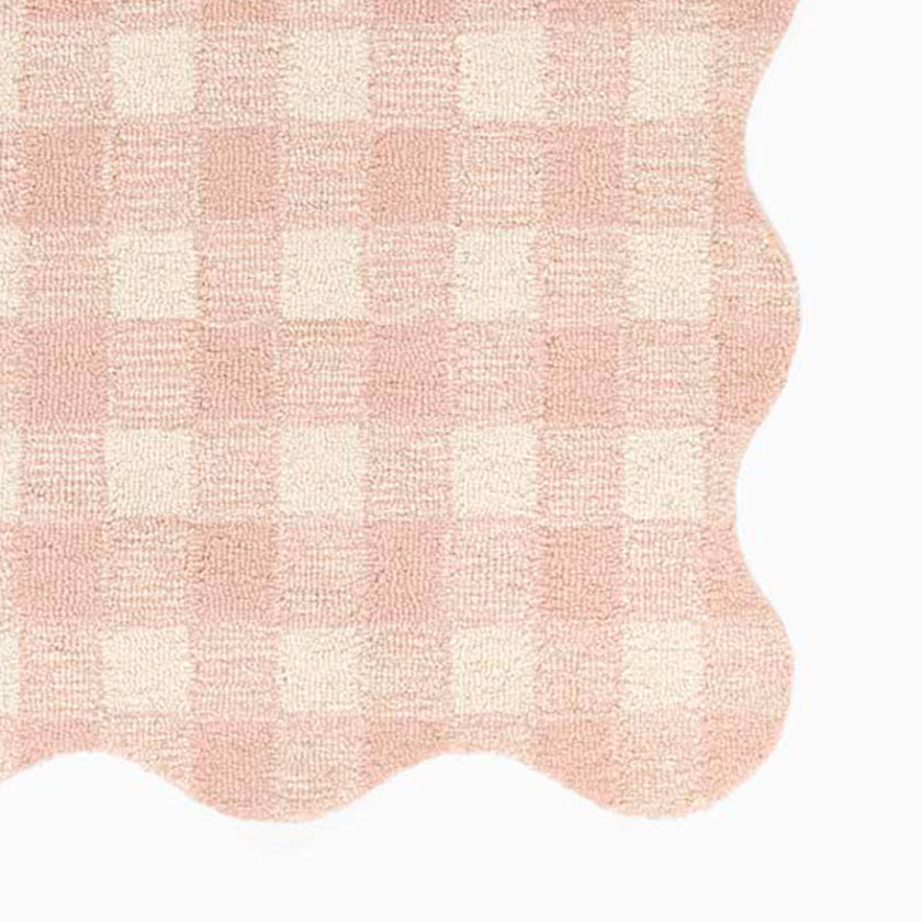 Gingham Scallop Border Hand Tufted Wool Rug,Pink