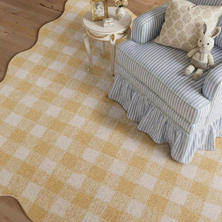 Gingham Scallop Border Hand Tufted Wool Rug,Yellow