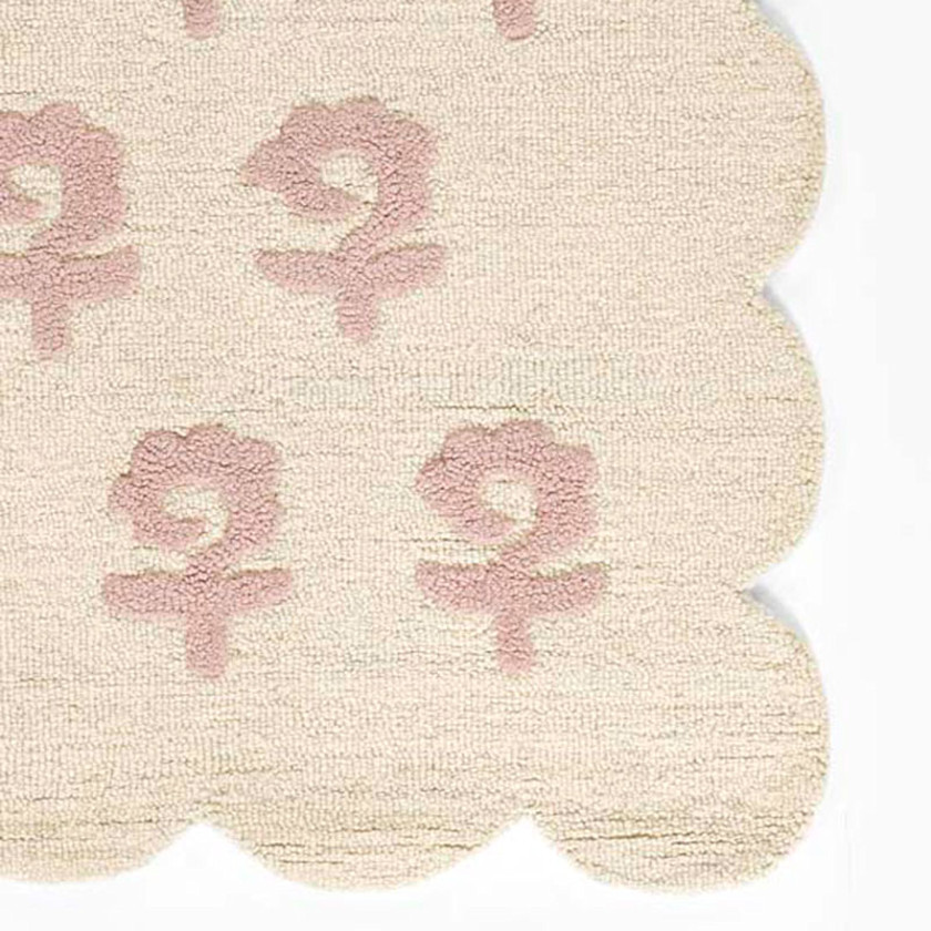 Block Print Scallop Border Hand Tufted Wool Rug - Pink, 8' Runner,Pink