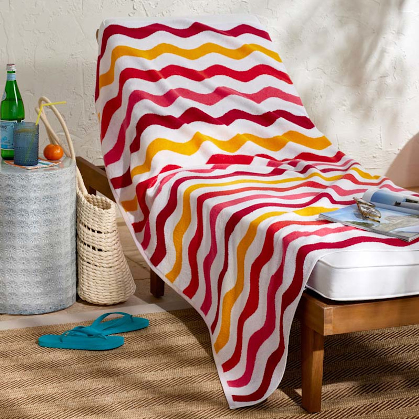 Cotton Terry Beach Towel,Red Multi Wave