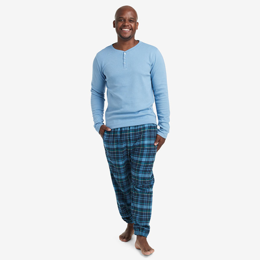 Family Flannel Men's Henley Pajama Set - Blue Plaid, L