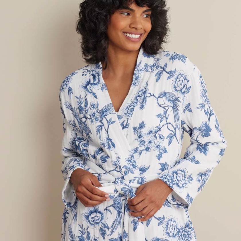 Textured Gauze Cotton Robe - Indigo Floral, XXL,Indigo Floral